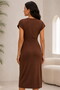 Women's Brown Degaje Draped Collar Bat Sleeve Pencil Midi Dress with Rose Accessories - 3