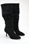 Women's Drawstring Long Boots Black Suede
