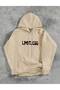 Unisex Oversize 3 Thread Raster Printed Hooded Sweatshirt with Kangaroo Pocket, "Limitless" Written, Face-Covering Hands and Motivational Text Motif - 2