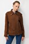 Women's Shoulder Epaulet Suede Coat Chocolate - 2