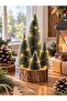Led Illuminated 4-Piece Artificial Pine Tree with Wooden Log Stand Christmas Decoration Table Ornament New Year's Gift - 2