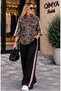 Buketli̇ Women's Turvakar Sleeve Leopard Patterned Top with Ribbon Detail and Loose Pants Bottom Top Two-Piece Set