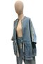 Women's Blue Lace-Up Waist and Collar Zippered Cargo Pocket Denim Jacket / Slim Denim Parka and Pants Set - 2