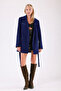 Navy Blue Leather Trimmed Cashmere Coat - 3