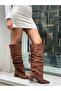 Brown Suede (Danke) Drawstring Detail Oversize Cut XL Wide Calf Mini Thick Heeled Boots