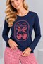 Women's Navy Blue Mon Chérie Cherry Printed Plaid Wide-Leg Cotton Pajama Set - 5