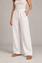 Women's Linen Trousers with Elastic Waist, Lace-Up, Wide Legs, Side Pockets, White - 5