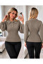 Women's Polo Collar Gold Button Detailed Balloon Sleeve Ribbed Knitwear Blouse T7012 - 3