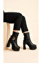 Women's Leather Look Big Buckle High Platform Heeled Boots - 3
