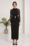 Women's Evening Dress with Gold Buckle Detail, Flock Printed Midi Pencil Dress in Brown, Black - 5