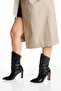 Black Patent Leather Look Women's Boots with Drawstring Detail and Thick Heel - 3