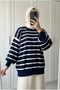 Women's Thin Striped Balloon Sleeve Oversize Knitwear Sweater Tunic 70 cm - 3