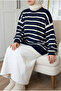 Women's Thin Striped Balloon Sleeve Oversize Knitwear Sweater Tunic 70 cm - 2