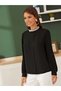 Elegant and Stylish Touch - Women's Long Sleeve Imported Crepe Blouse with Stone Collar Detail - 3