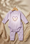 Baby Girl 100% Cotton Heart Lilac Patterned 2-Piece Set - Long Sleeve Bodysuit and Stretchy Pants Set - 2