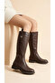 Women's Leather Look Zippered Short Heeled Below the Knee Winter Boots - 3