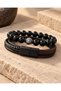 Tiger's Eye Natural Stone & Brown-Black Leather Men's Bracelet Set - 2