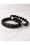 Agate Natural Stone and Black Leather Men's Bracelet Set - 3