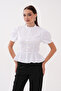 Women's White Chinese Style High Collar Flounce Poplin Blouse with Closure Detail - 2