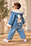 Children's Teddy Bear Detailed Plush Hooded Denim Jeans Coat Set |   Narrow Mold