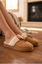 Women's Tan Fur-Lined Suede House Slippers, Lace-Up and Stitched Detail Winter Comfort Slippers - 2