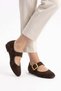 Ones Side Scarf Buckle Round Genuine Leather Women's Ballerinas Brown Suede - 5
