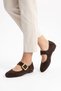 Ones Side Scarf Buckle Round Genuine Leather Women's Ballerinas Brown Suede - 4