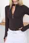 Women's Diving Fabric Zipper Stand Collar Slim Fit Sports Jacket Finger Loop Long Sleeve Fitness Pilates Running Hiking Top - 2