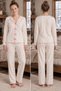 Heart Patterned Report Camisole Double Breasted Collar Bowknot Ecru Long Sleeve Women's Pajama Set - 6