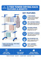 3-Tier Tower Clothes Drying Rack with Wheels - Foldable Triple Layer Laundry Rack - Stainless Steel Heavy Duty Clothes Dryer Stand - Space Saving Movable Tower Rack for Home, Balcony & Laundry Room - 5