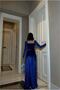 Square Neckline Evening Dress with Belt and Long Sleeves - 4