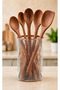 Wooden Cooking Utensil Set - 6 Pcs Natural Wooden Spoons with Mesh Holder - Non-Stick Safe - 3