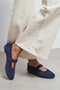 Tectum Navy Blue Suede Leather Mid-Strap Flat Sole Women's Ballerinas - 3