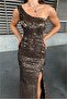 Velvet Asymmetrical Sequined Evening Dress Fabric Dress Collar - 4
