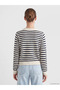 Ecru Crew Neck Striped Women's Knitwear Cardigan - 4