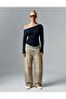 Women's Navy Blue Ecru Contrast Ribbed One-Shoulder Asymmetrical Long Sleeve Viscose Ribbed Blouse - 6