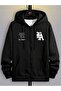 3 Thread Black La Los Angeles Design Zippered Winter Cardigan - Printed Oversize Hooded Jacket - 3