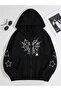 3 Thread Black Spider Web Pattern Zippered Winter Cardigan - Printed Oversize Hooded Jacket