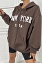 3 Thread Brown New York U.S.A Zippered Winter Cardigan - Printed Oversize Hooded Jacket - 6