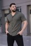 Men's Waffle Fabric Short Sleeve Buttoned Open Collar Regular Fit Shirt - Khaki