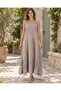 Mink Color Double Brooch Detailed Strappy Casual Italian Linen Dress - 8