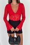 Women's Red V-Neck Lace Long Sleeve Blouse