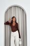 Women's Brown V-Neck Lace Long Sleeve Blouse - 3