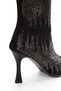 Black Suede Women's Heeled Boots with Sparkling Stone Detail and Back Zipper - 5
