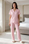 Women's Pink White Striped Short Sleeve Buttoned Milan Fabric Pajamas Set - 3