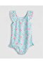 Turquoise Ruffle Detailed Floral Patterned Girls' Swimsuit - 2