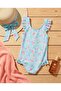 Turquoise Ruffle Detailed Floral Patterned Girls' Swimsuit