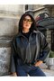 Bomber Oversize Leather Jacket with Belt Detail - 4