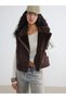 Vizyon New Season Brown Fur Collar Suede Look Women's Vest