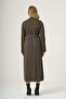 Belted Long Coat with Textured Panels - Khaki - 5
